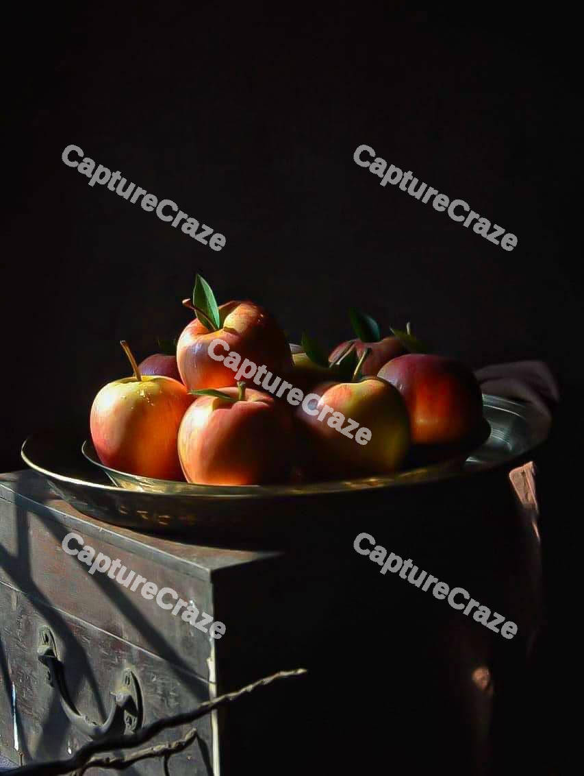 Red apple in a brass bowl